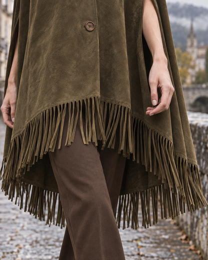Bohemian Western Olive Faux-suede Fringed Button-front Cape Poncho MVA003020AA