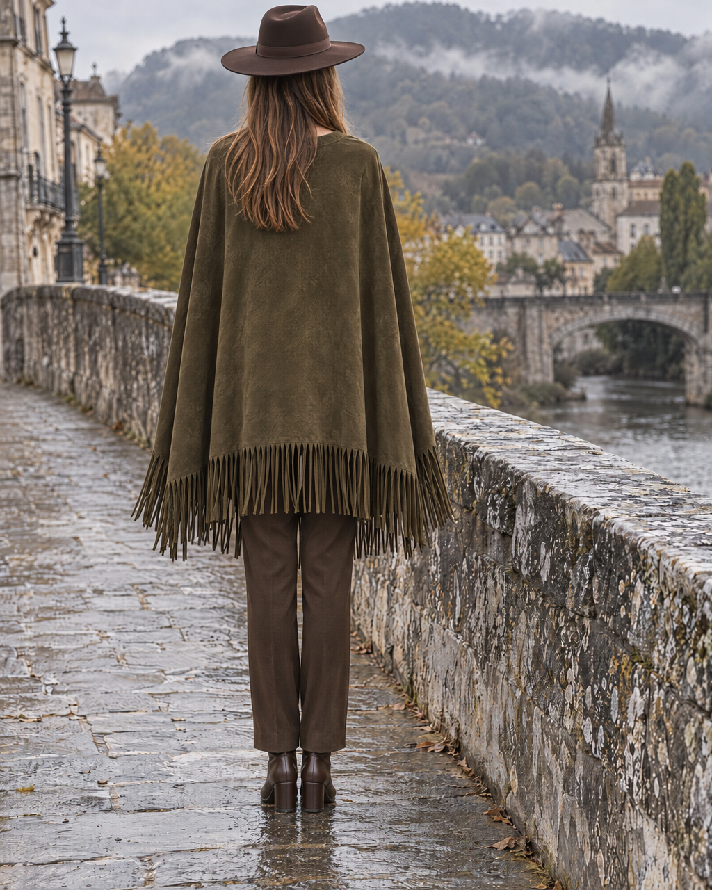Bohemian Western Olive Faux-suede Fringed Button-front Cape Poncho MVA003020AA