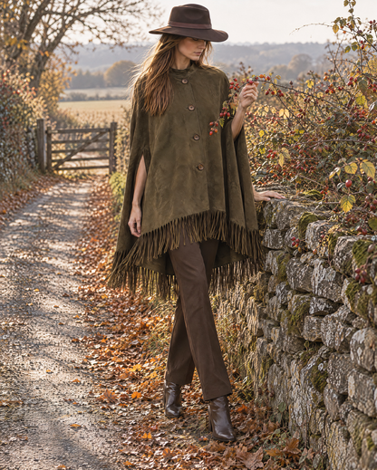 Bohemian Western Olive Faux-suede Fringed Button-front Cape Poncho MVA003020AA