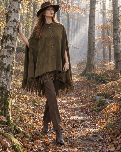 Bohemian Western Olive Faux-suede Fringed Button-front Cape Poncho MVA003020AA