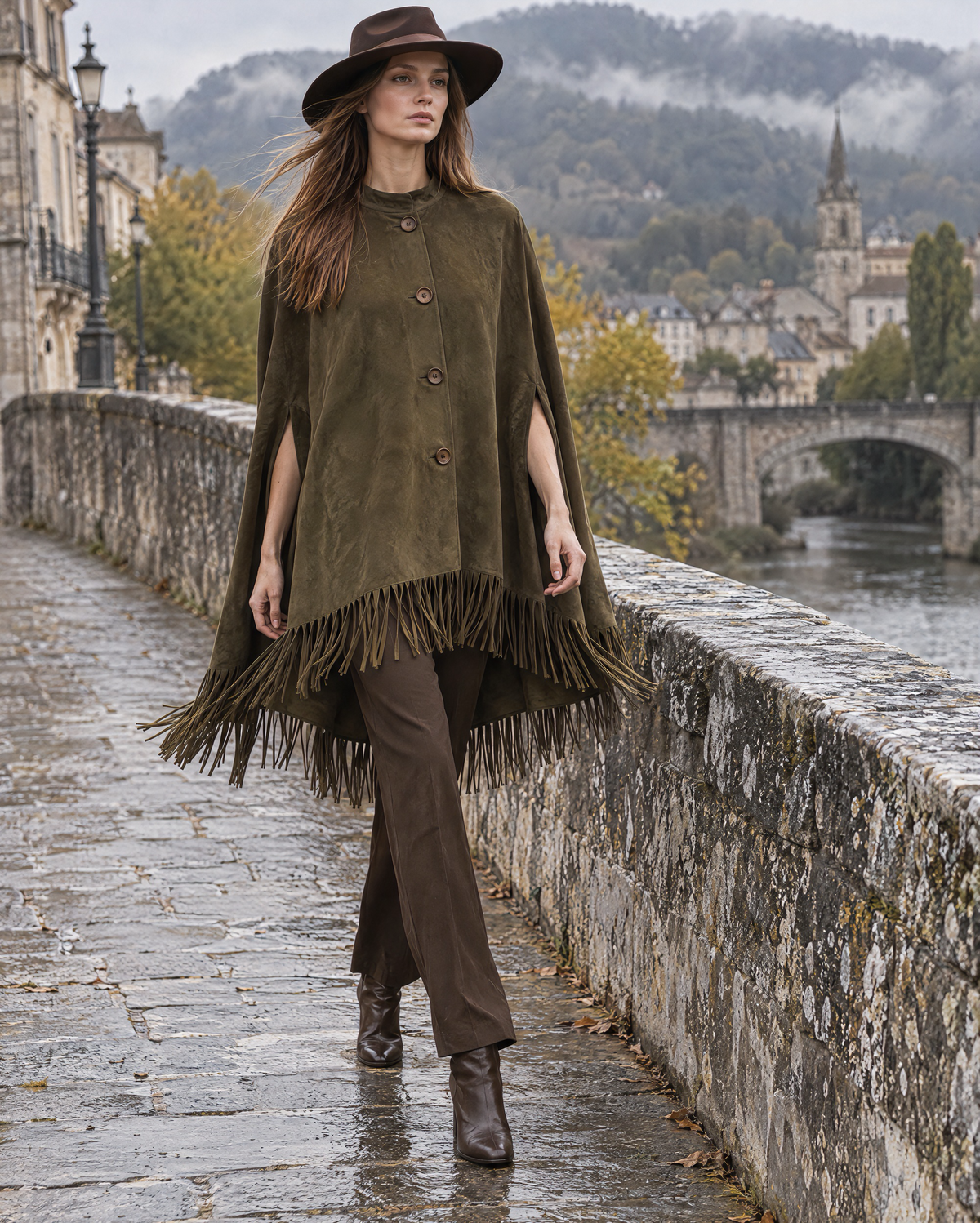 Bohemian Western Olive Faux-suede Fringed Button-front Cape Poncho MVA003020AA