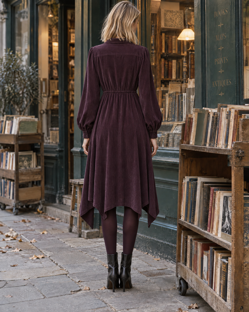 Casual Plum Corduroy Tie-neck Handkerchief-hem Midi Dress MVA003030AA