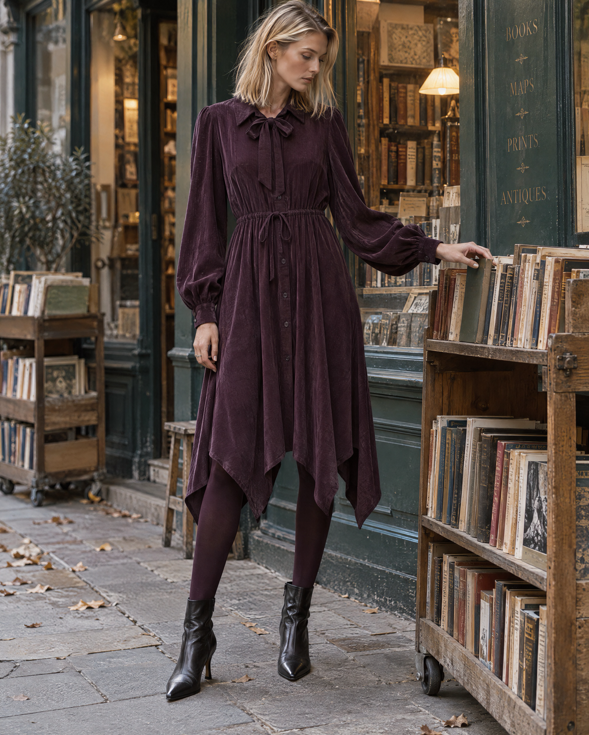 Casual Plum Corduroy Tie-neck Handkerchief-hem Midi Dress MVA003030AA