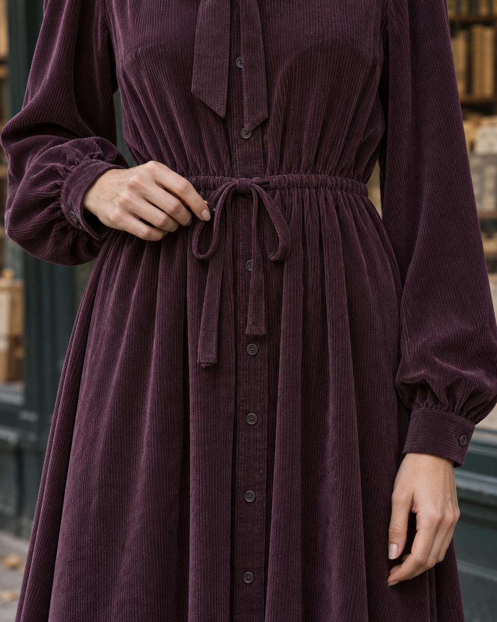 Casual Plum Corduroy Tie-neck Handkerchief-hem Midi Dress MVA003030AA