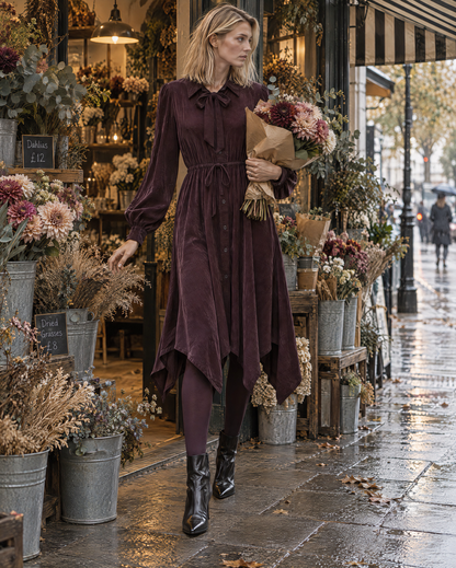 Casual Plum Corduroy Tie-neck Handkerchief-hem Midi Dress MVA003030AA