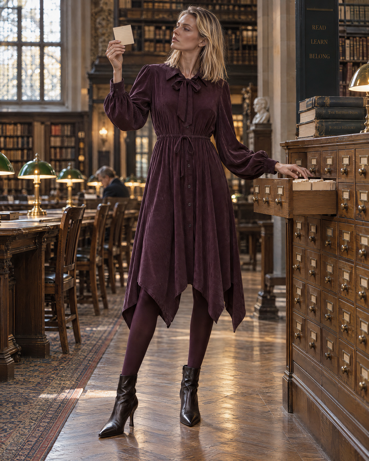 Casual Plum Corduroy Tie-neck Handkerchief-hem Midi Dress MVA003030AA