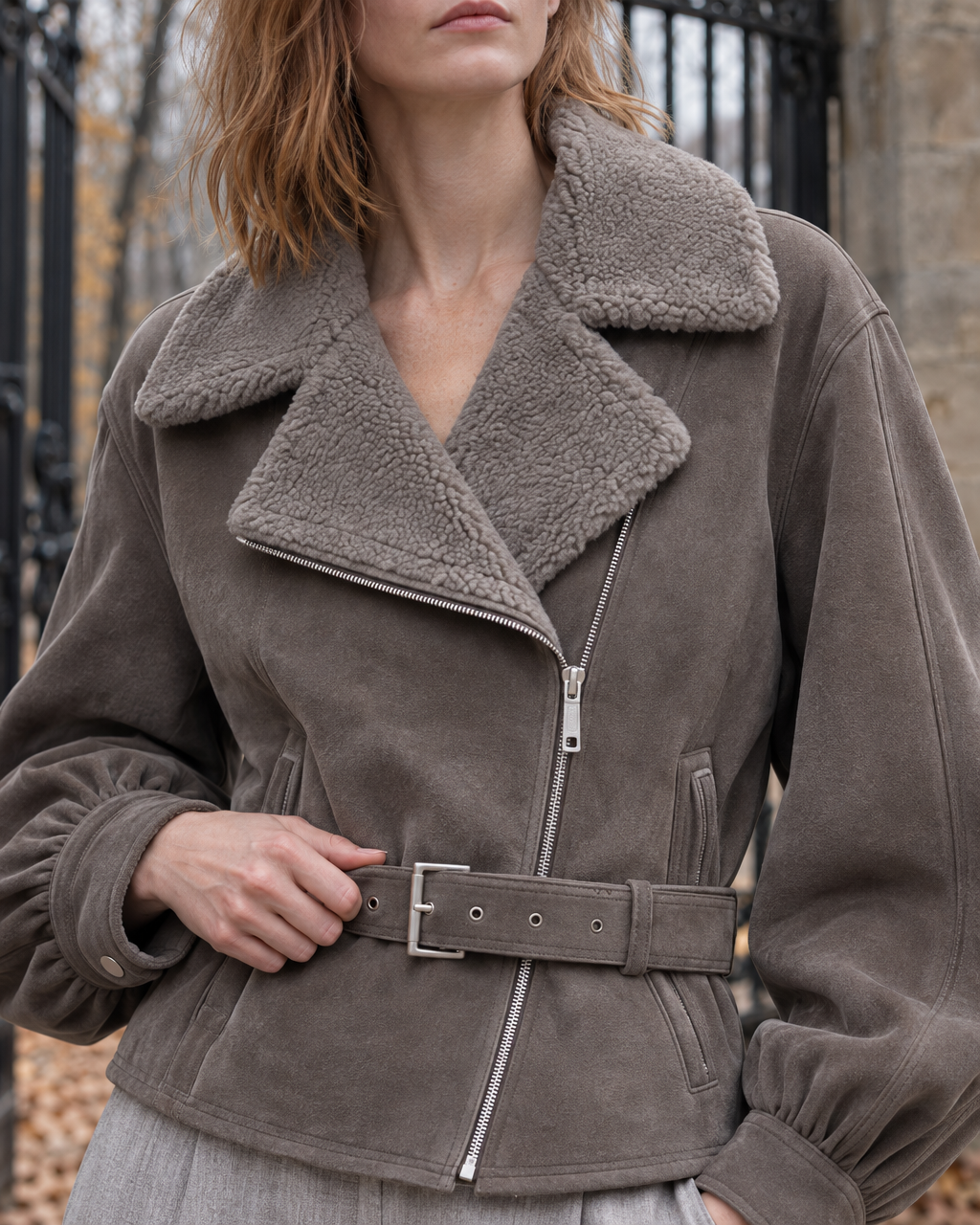 Casual Taupe Faux-suede Shearling-collar Belted Cropped Biker Jacket MVA003040AA