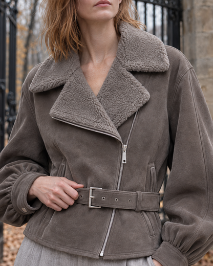 Casual Taupe Faux-suede Shearling-collar Belted Cropped Biker Jacket MVA003040AA
