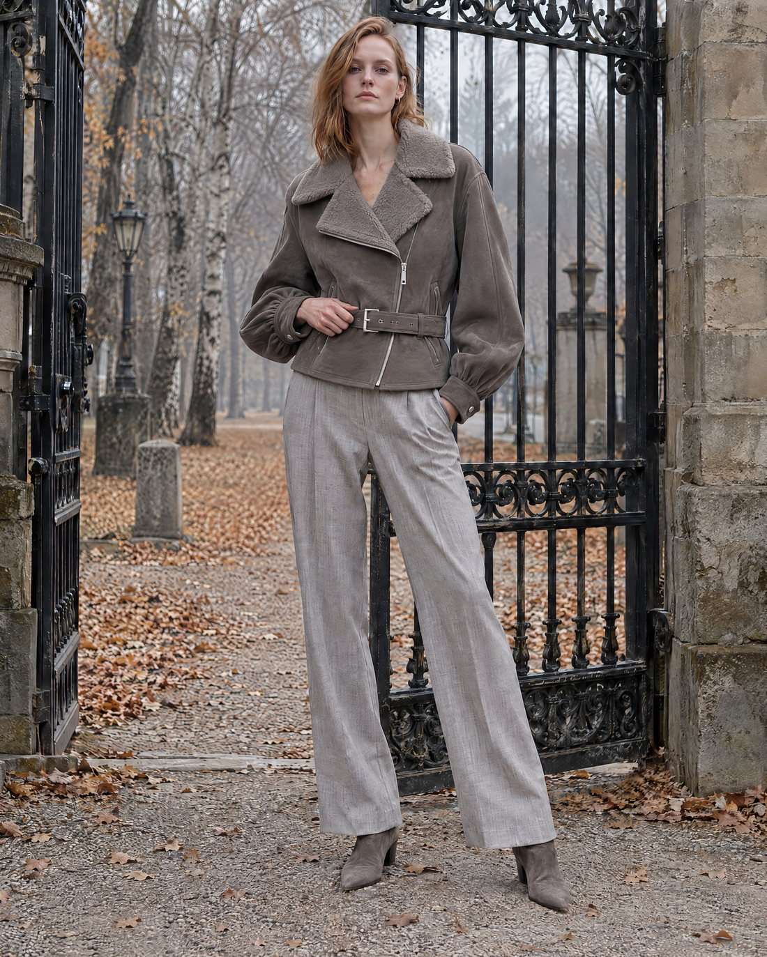 Casual Taupe Faux-suede Shearling-collar Belted Cropped Biker Jacket MVA003040AA