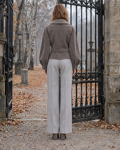 Casual Taupe Faux-suede Shearling-collar Belted Cropped Biker Jacket MVA003040AA