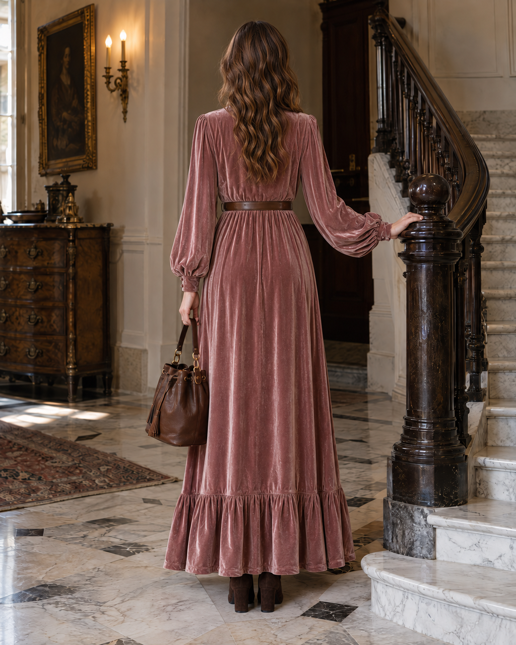 Bohemian Dusty Rose Velvet V-neck Ruffle-hem Maxi Dress MVA003050AA