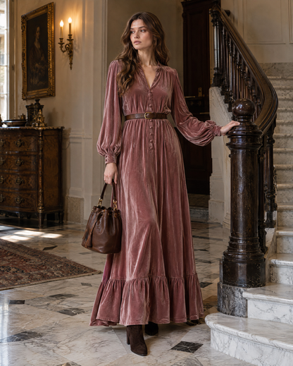 Bohemian Dusty Rose Velvet V-neck Ruffle-hem Maxi Dress MVA003050AA