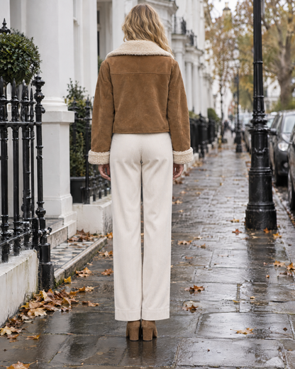 Casual Camel Faux Suede Sherpa-trim Asymmetric-zip Cropped Jacket MVA003060AA