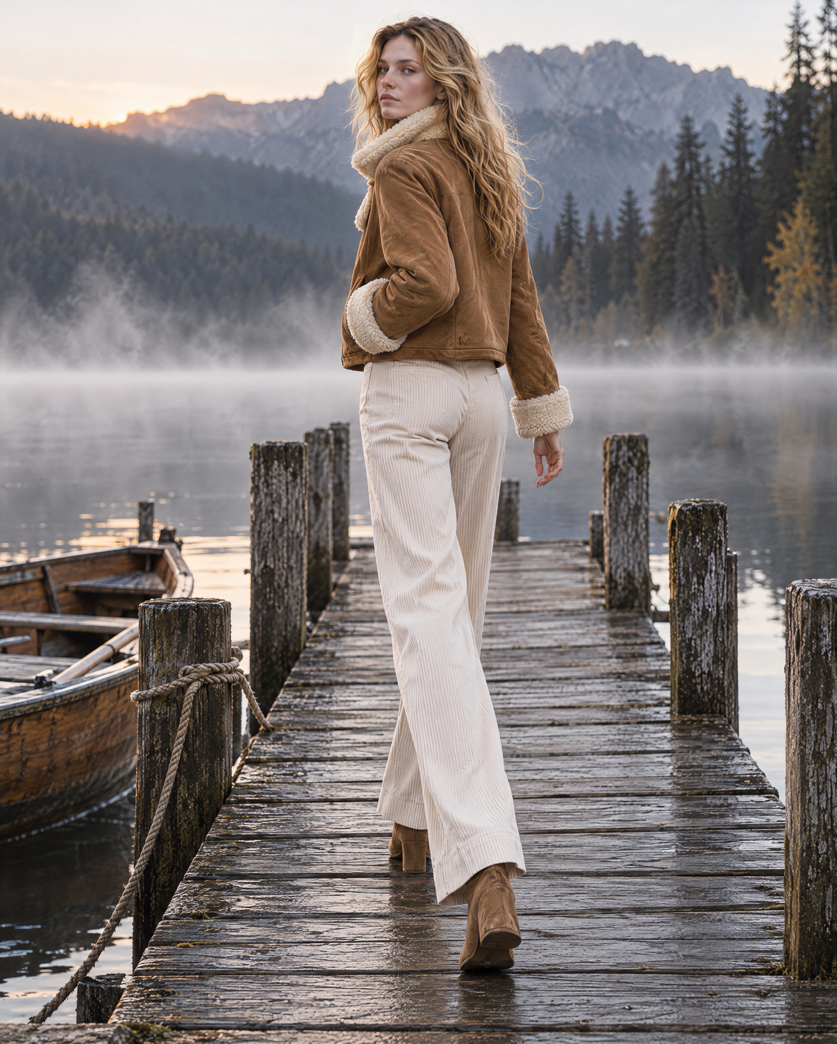 Casual Camel Faux Suede Sherpa-trim Asymmetric-zip Cropped Jacket MVA003060AA