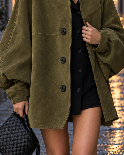 Casual Olive Faux Suede Shirt-collar Balloon-sleeve Oversized Jacket MVA003070AA