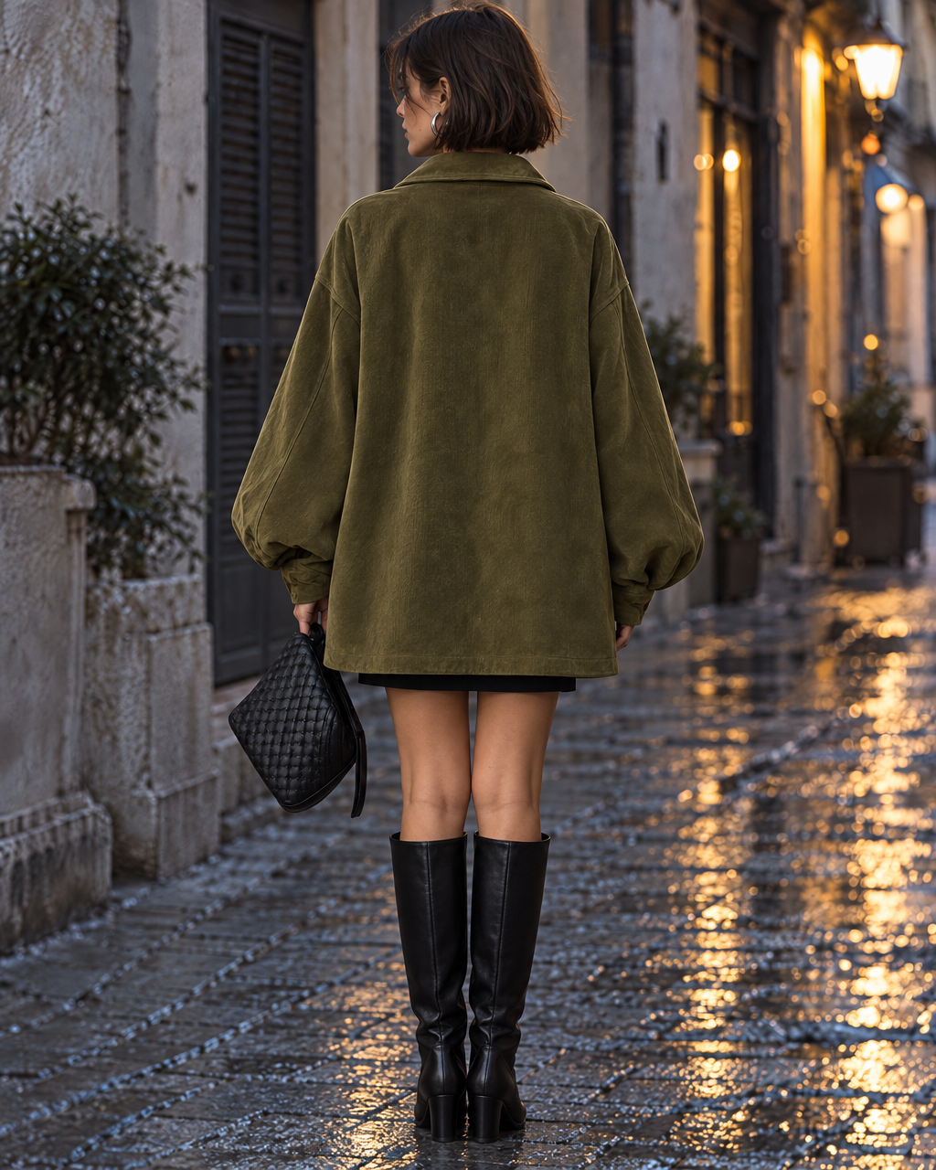Casual Olive Faux Suede Shirt-collar Balloon-sleeve Oversized Jacket MVA003070AA