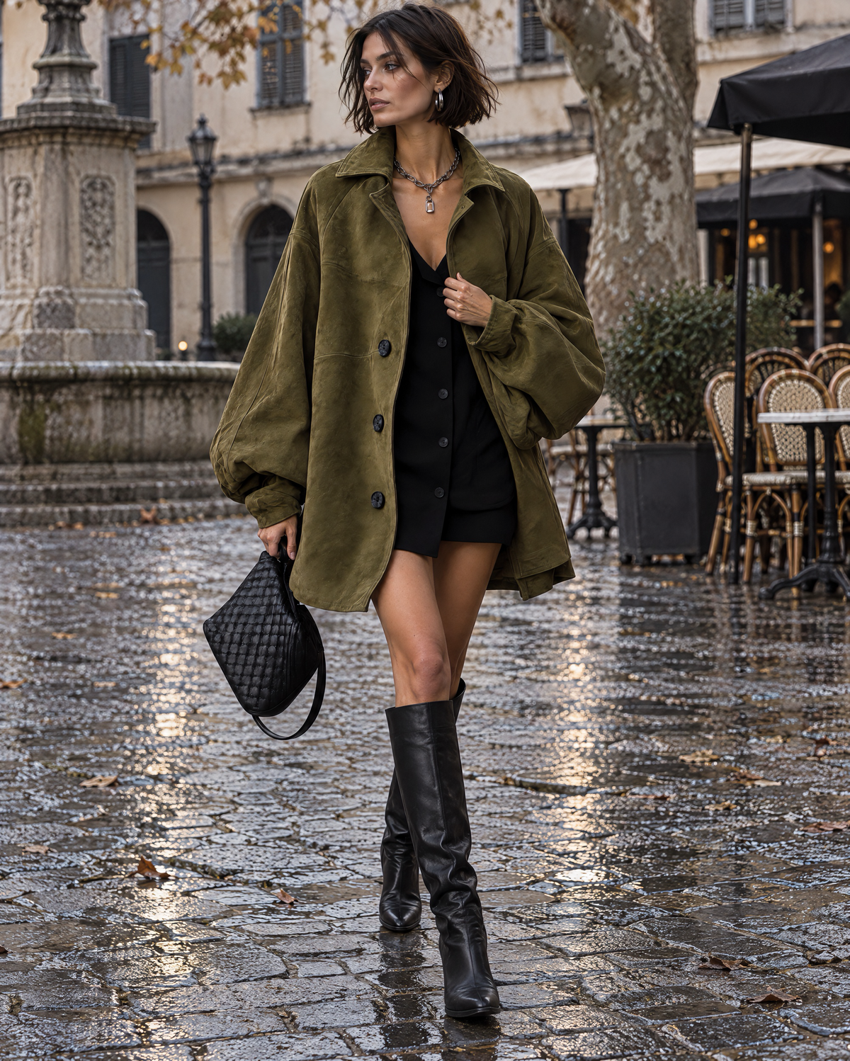 Casual Olive Faux Suede Shirt-collar Balloon-sleeve Oversized Jacket MVA003070AA