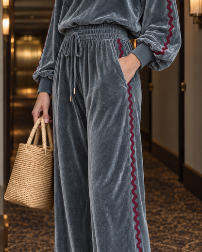 Casual Slate Blue Velour Ric-rac-trim Half-zip Top And Wide-leg Pants Set MVA003090AA