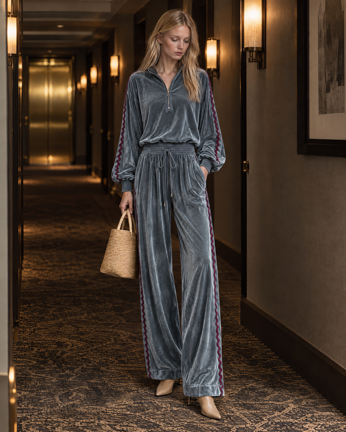 Casual Slate Blue Velour Ric-rac-trim Half-zip Top And Wide-leg Pants Set MVA003090AA