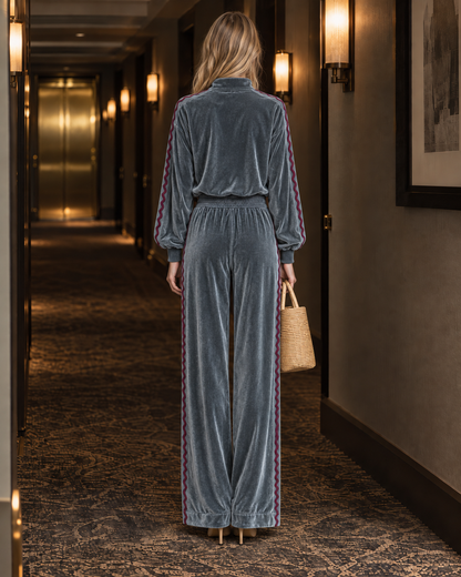 Casual Slate Blue Velour Ric-rac-trim Half-zip Top And Wide-leg Pants Set MVA003090AA