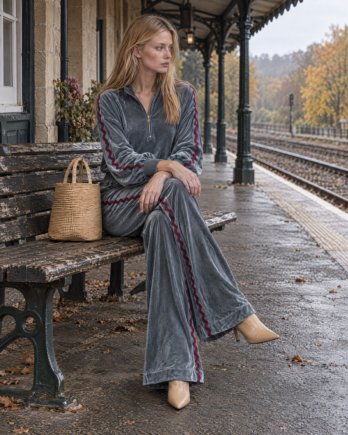 Casual Slate Blue Velour Ric-rac-trim Half-zip Top And Wide-leg Pants Set MVA003090AA