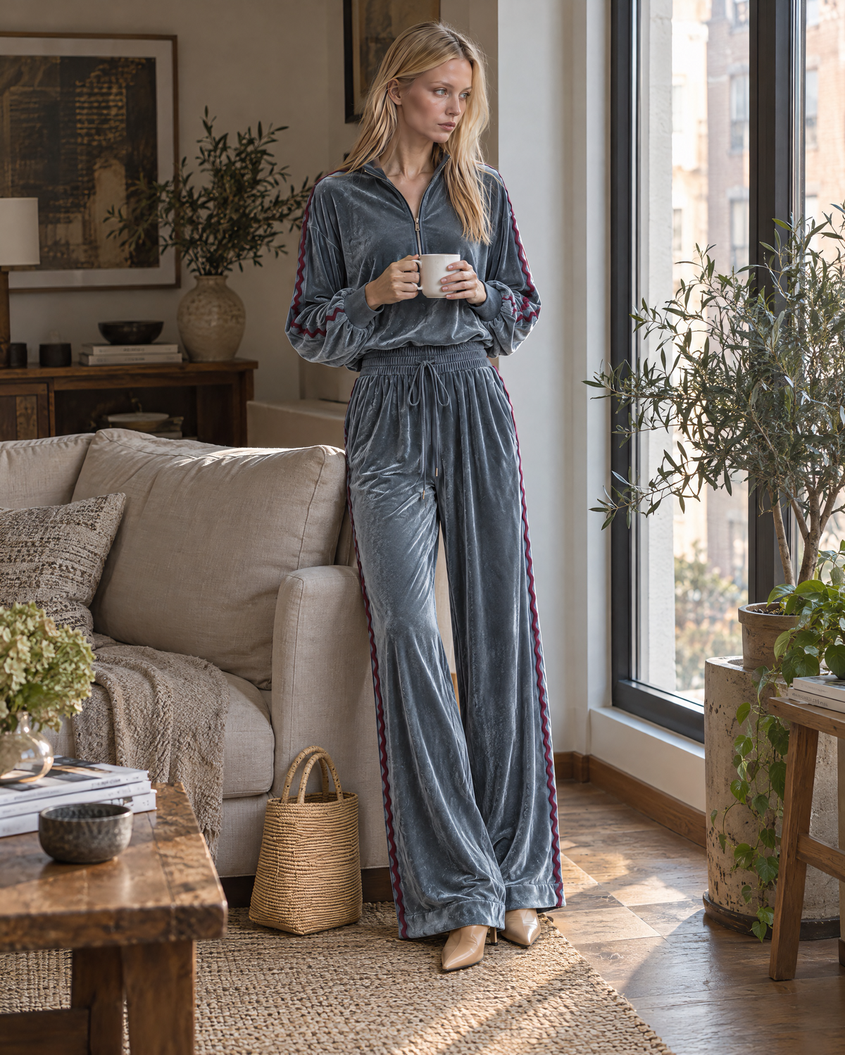 Casual Slate Blue Velour Ric-rac-trim Half-zip Top And Wide-leg Pants Set MVA003090AA