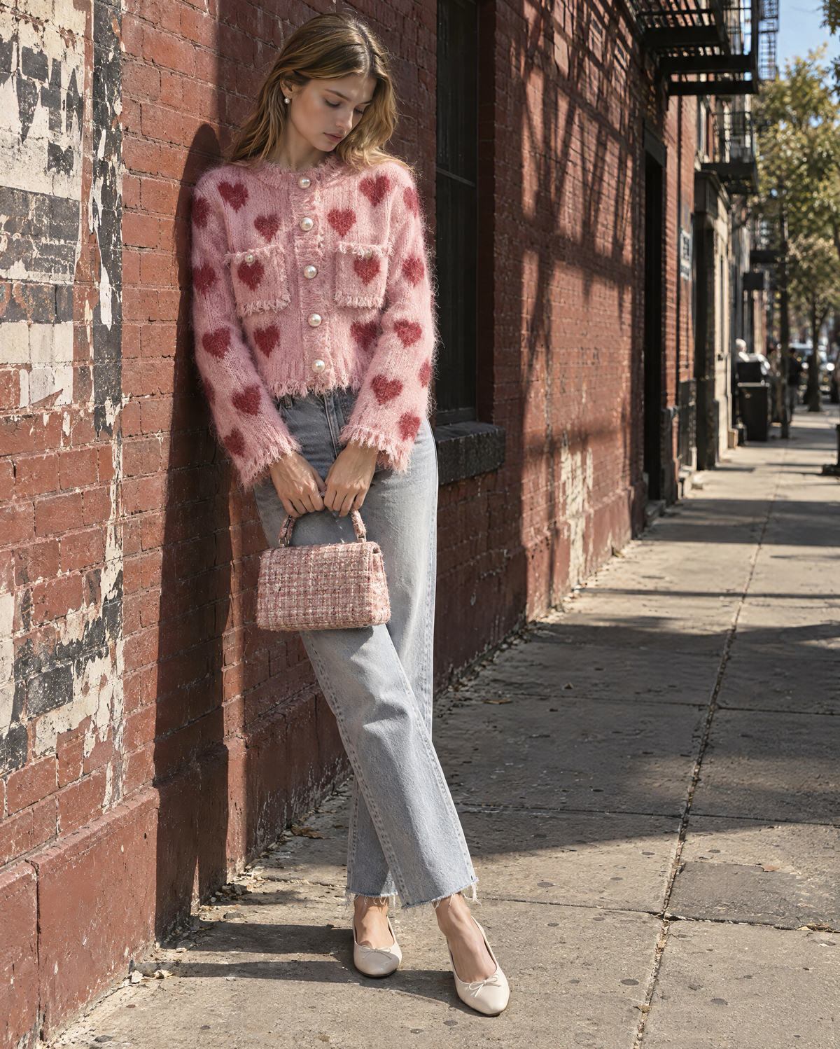 Casual Pink Fuzzy Knit Heart-pattern Pearl-button Cropped Cardigan MVA003100AA