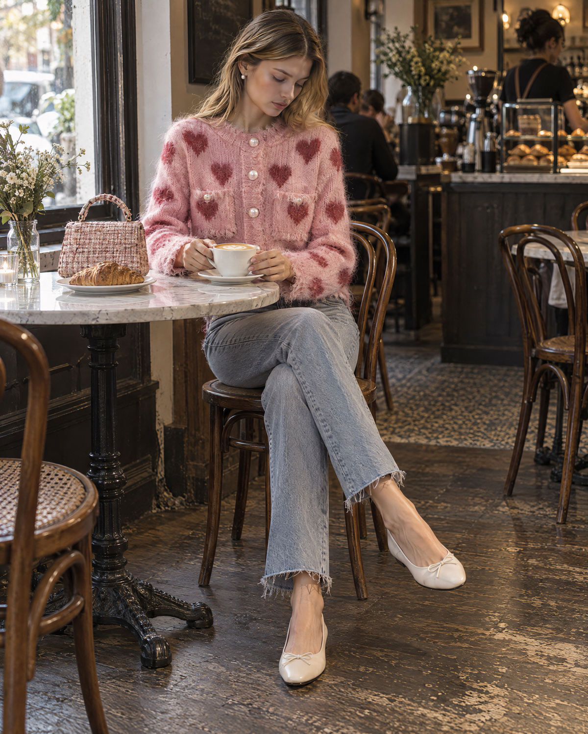 Casual Pink Fuzzy Knit Heart-pattern Pearl-button Cropped Cardigan MVA003100AA