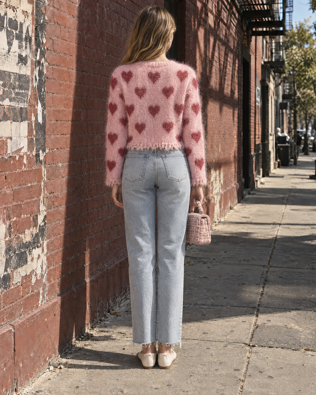 Casual Pink Fuzzy Knit Heart-pattern Pearl-button Cropped Cardigan MVA003100AA