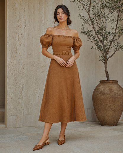 Boho Caramel Linen Off Shoulder Puff Sleeve Midi Dress with Belt MVA000310AA