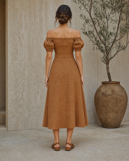 Boho Caramel Linen Off Shoulder Puff Sleeve Midi Dress with Belt MVA000310AA