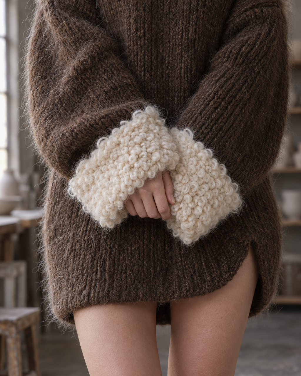 Casual Chocolate Brown Chunky Knit Boucle-trim Off-shoulder Mini Sweater Dress MVA003110AA