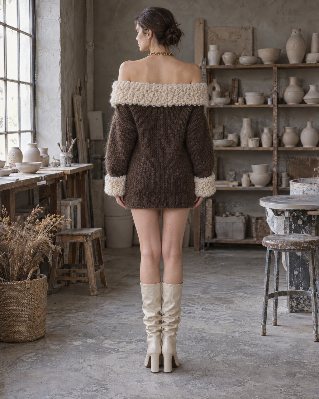 Casual Chocolate Brown Chunky Knit Boucle-trim Off-shoulder Mini Sweater Dress MVA003110AA