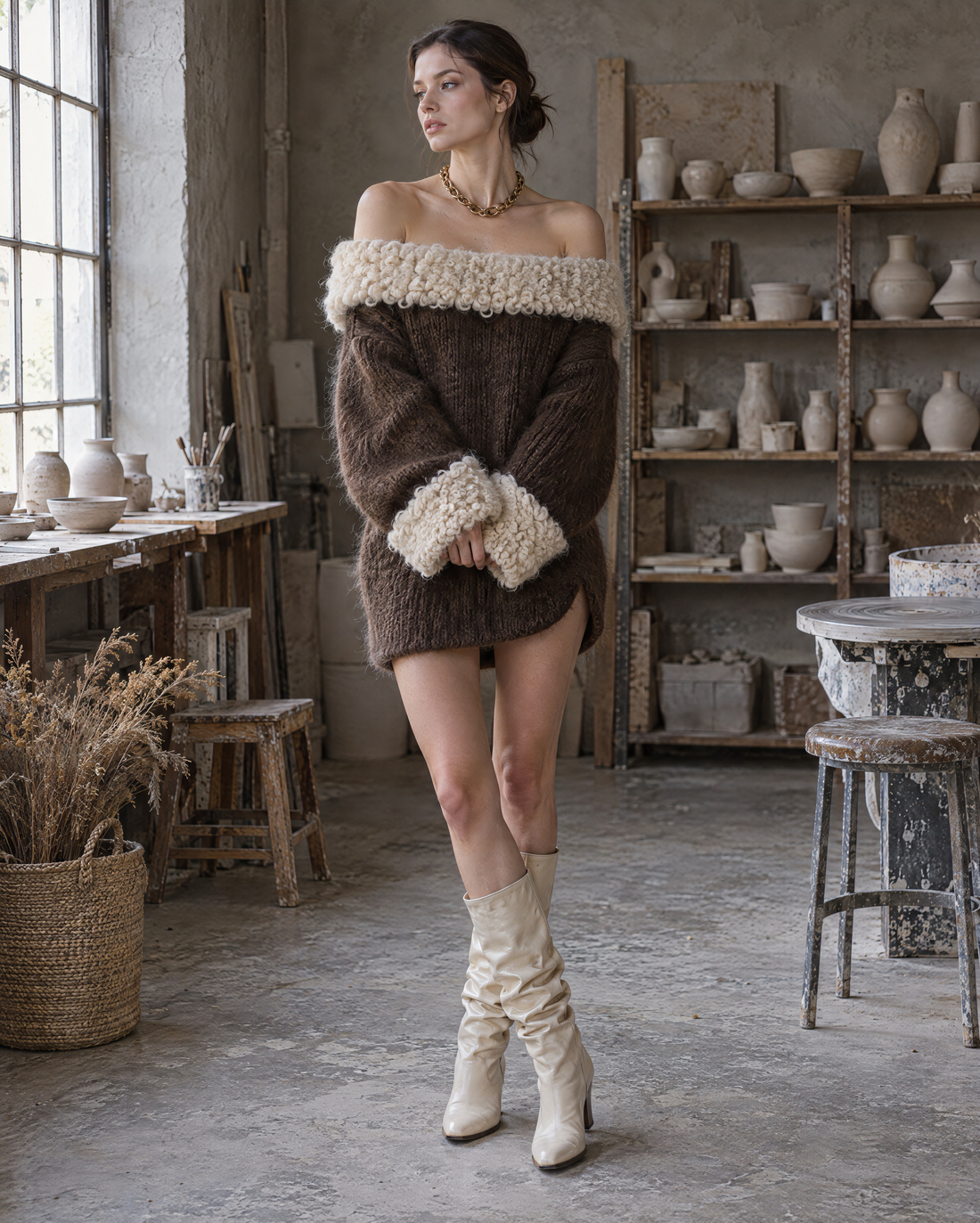 Casual Chocolate Brown Chunky Knit Boucle-trim Off-shoulder Mini Sweater Dress MVA003110AA