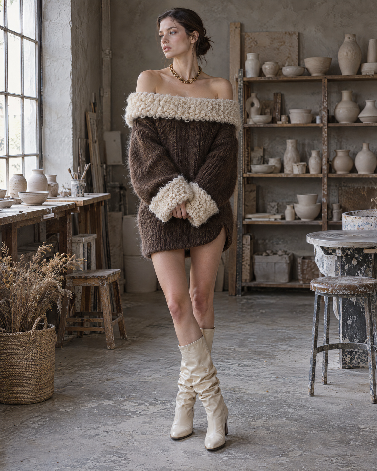 Casual Chocolate Brown Chunky Knit Boucle-trim Off-shoulder Mini Sweater Dress MVA003110AA
