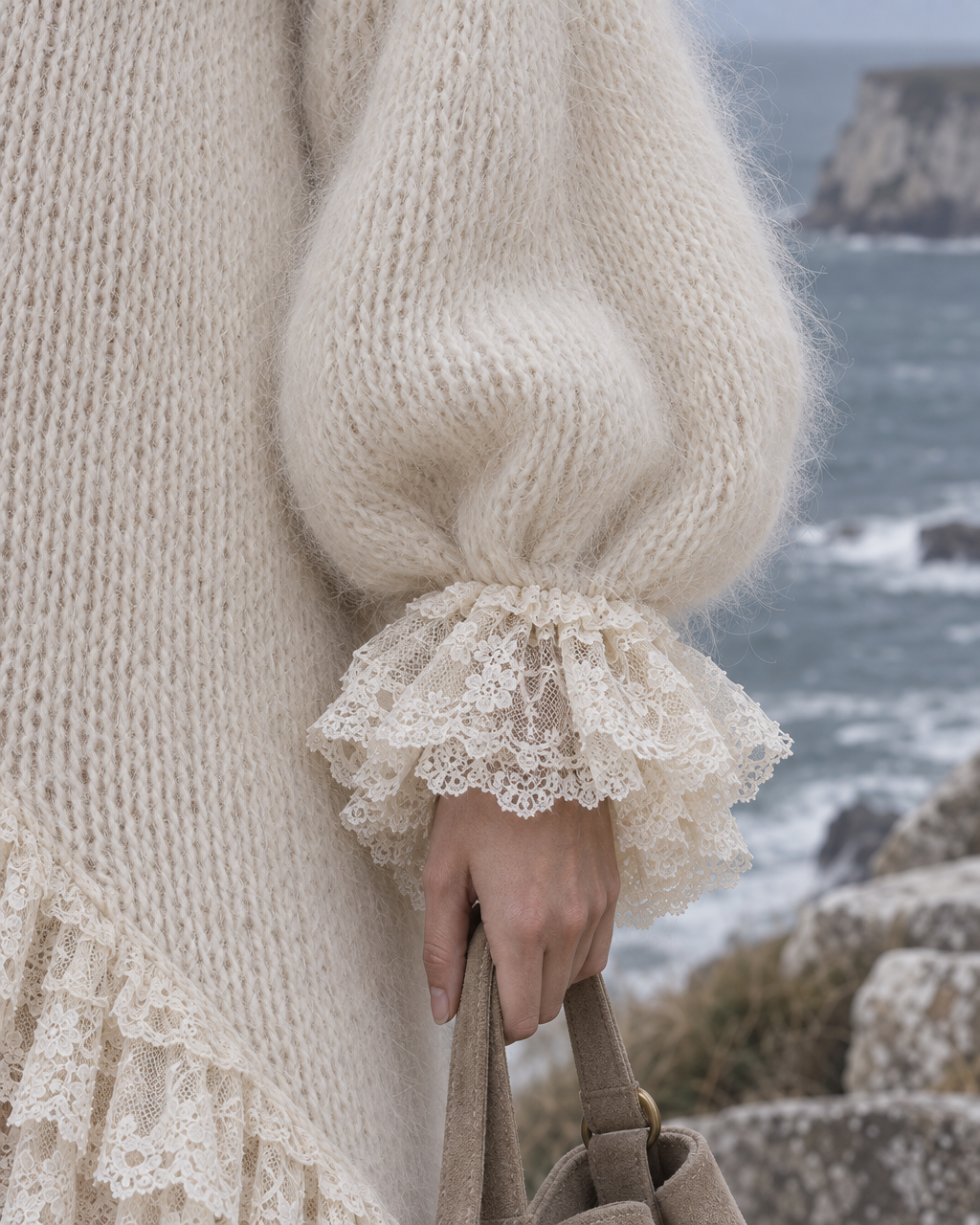 Bohemian Ivory Fuzzy Knit Balloon-sleeve Lace Ruffle Asymmetric-hem Sweater Dress MVA003120AA