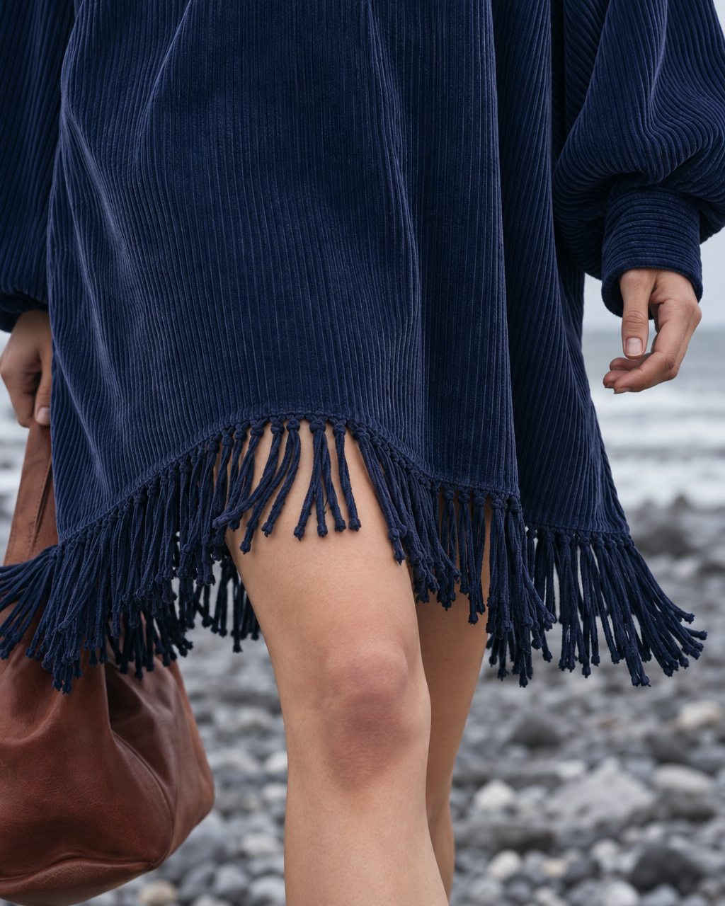Bohemian Navy Corduroy Mock-neck Balloon-sleeve Fringe-hem Mini Dress MVA003130AA