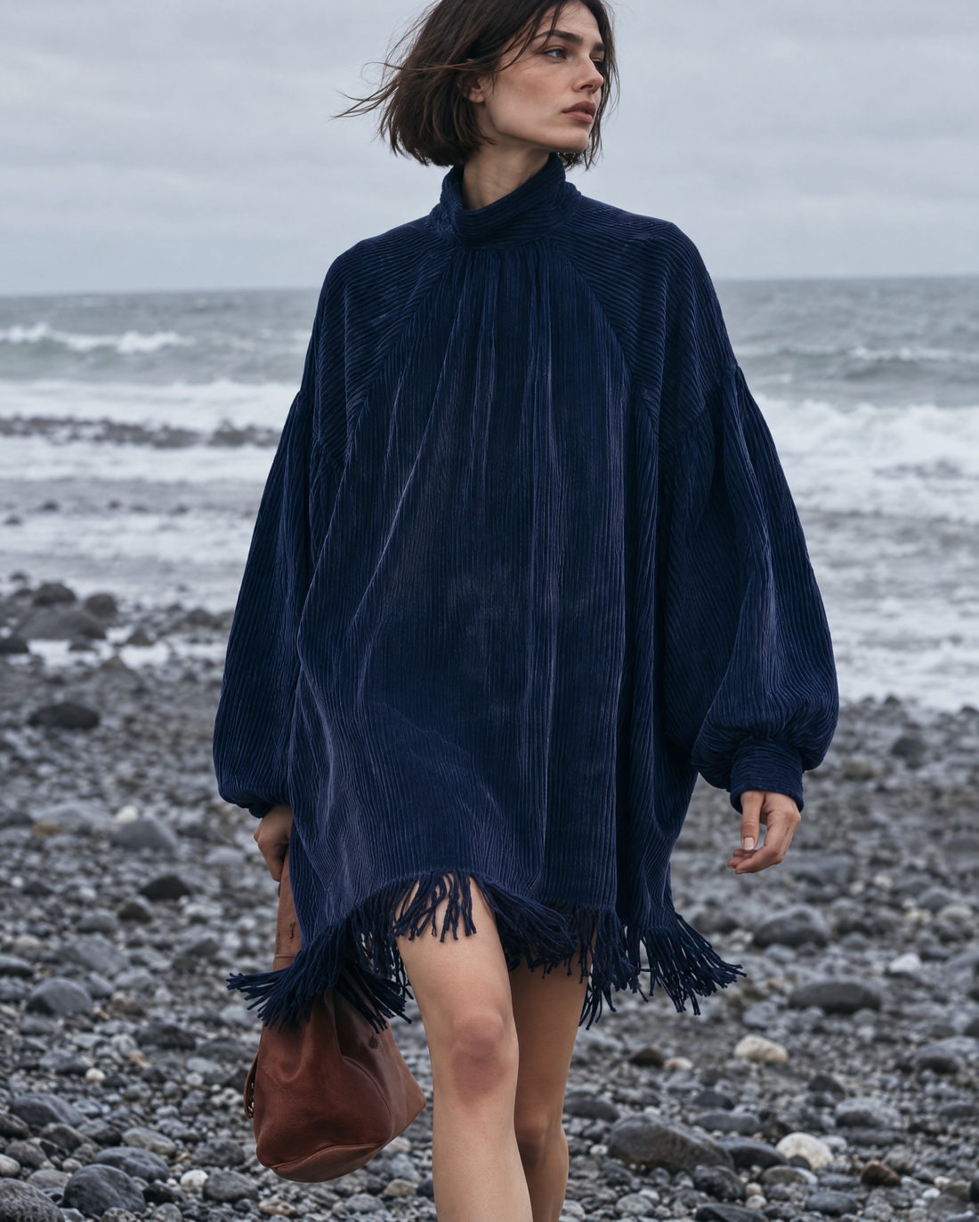 Bohemian Navy Corduroy Mock-neck Balloon-sleeve Fringe-hem Mini Dress MVA003130AA