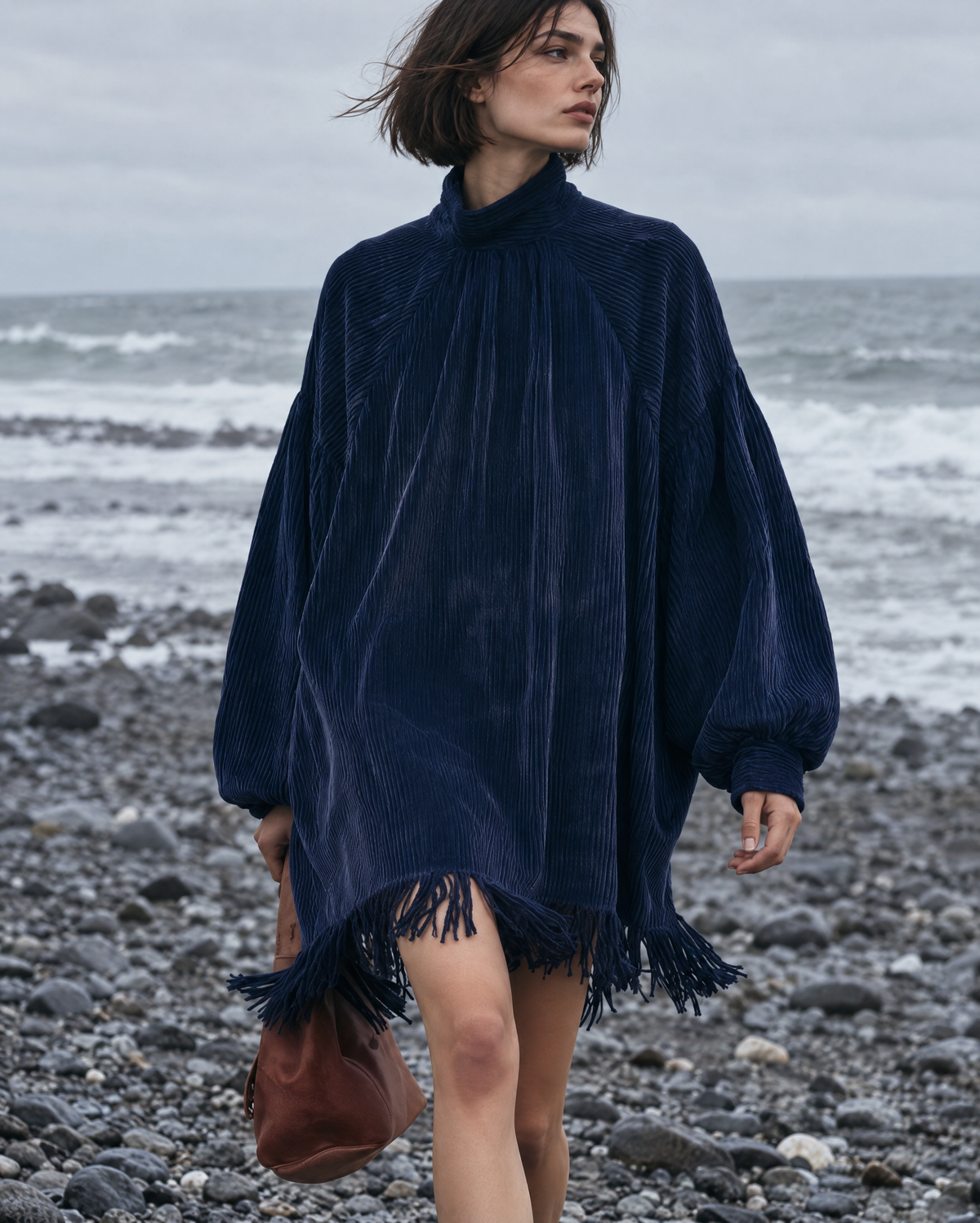 Bohemian Navy Corduroy Mock-neck Balloon-sleeve Fringe-hem Mini Dress MVA003130AA