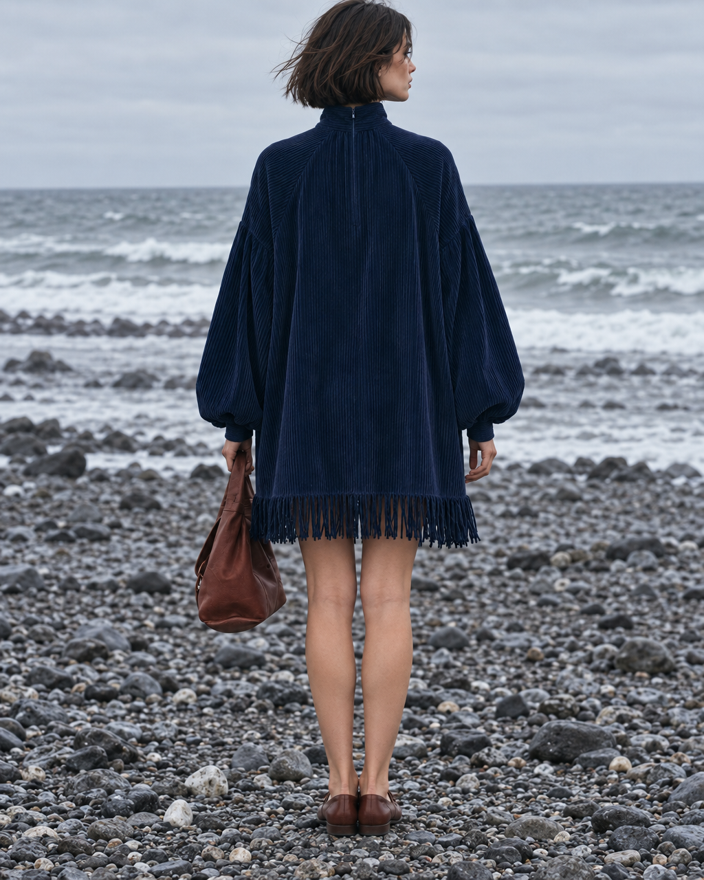 Bohemian Navy Corduroy Mock-neck Balloon-sleeve Fringe-hem Mini Dress MVA003130AA