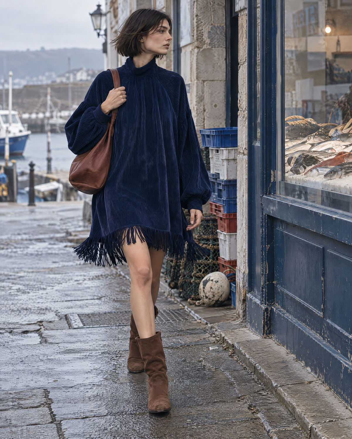 Bohemian Navy Corduroy Mock-neck Balloon-sleeve Fringe-hem Mini Dress MVA003130AA