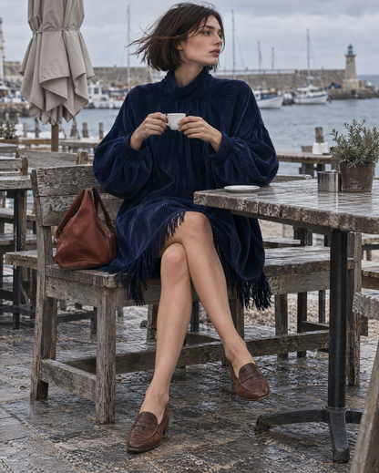 Bohemian Navy Corduroy Mock-neck Balloon-sleeve Fringe-hem Mini Dress MVA003130AA