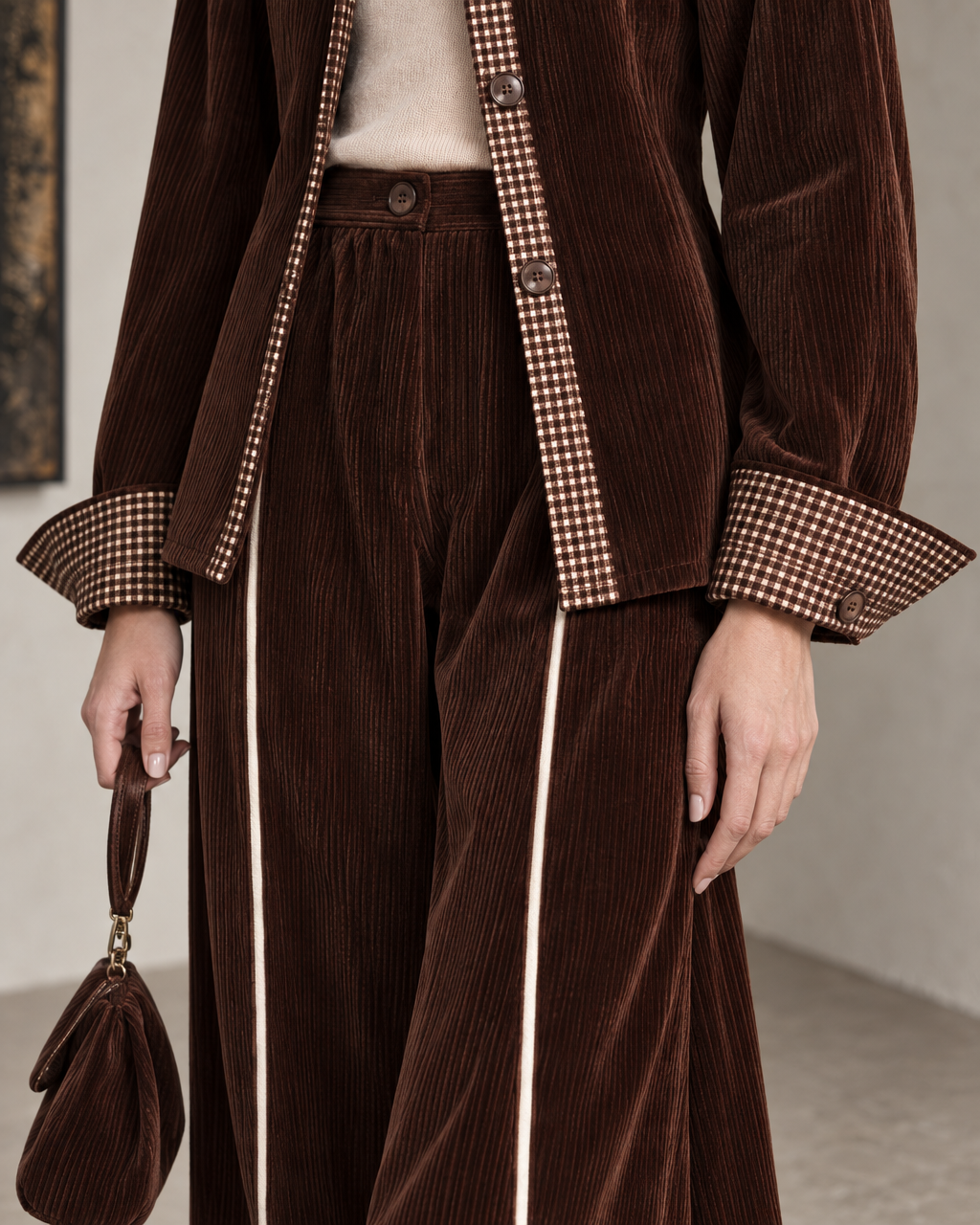 Vintage Chocolate Brown Corduroy Houndstooth-trim Shirt Jacket And Wide-leg Pants Set MVA003140AA