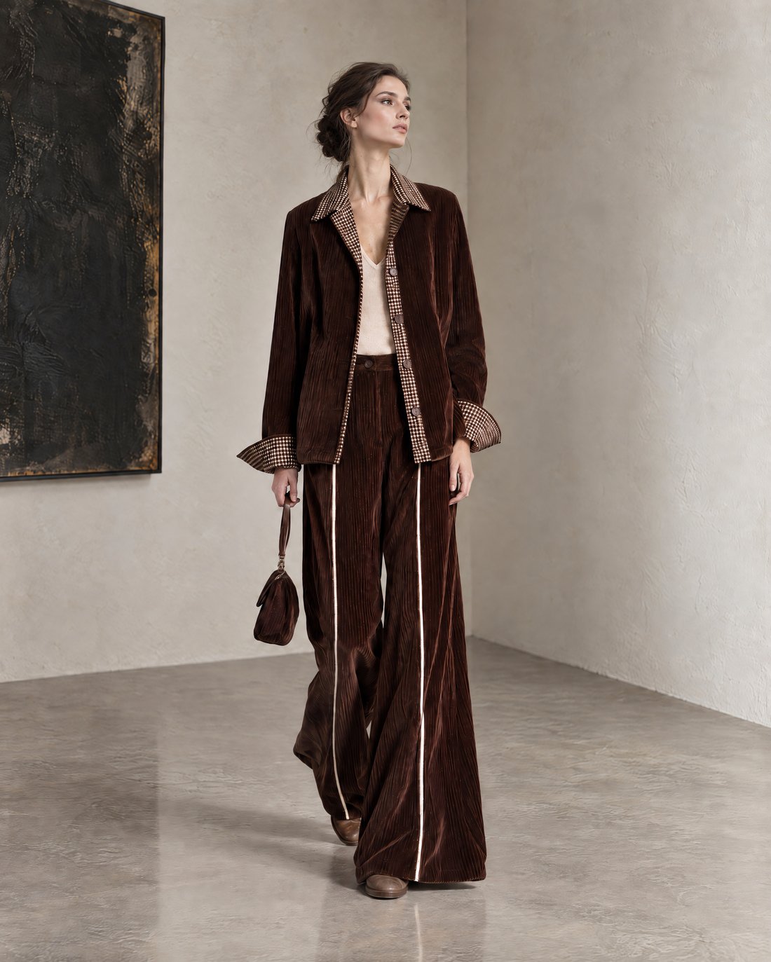 Vintage Chocolate Brown Corduroy Houndstooth-trim Shirt Jacket And Wide-leg Pants Set MVA003140AA