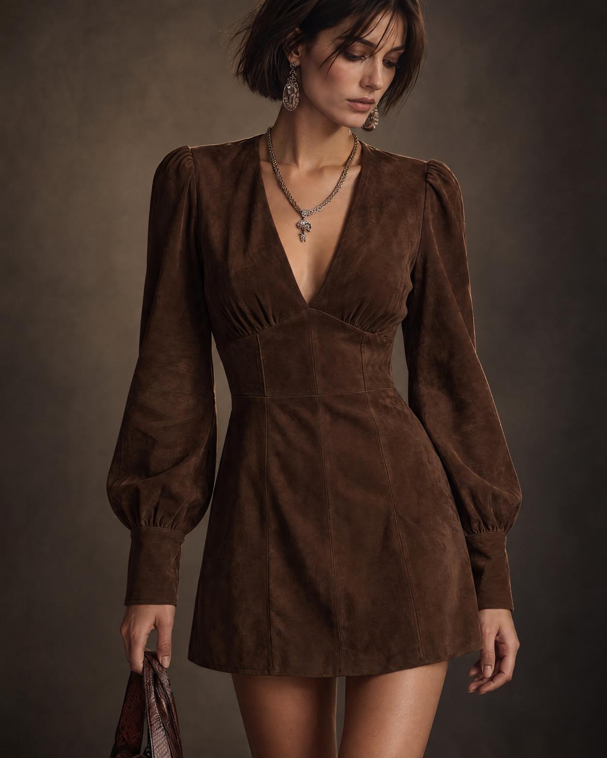 Vintage Chocolate Brown Corduroy V-neck Bishop-sleeve A-line Mini Dress MVA003150AA