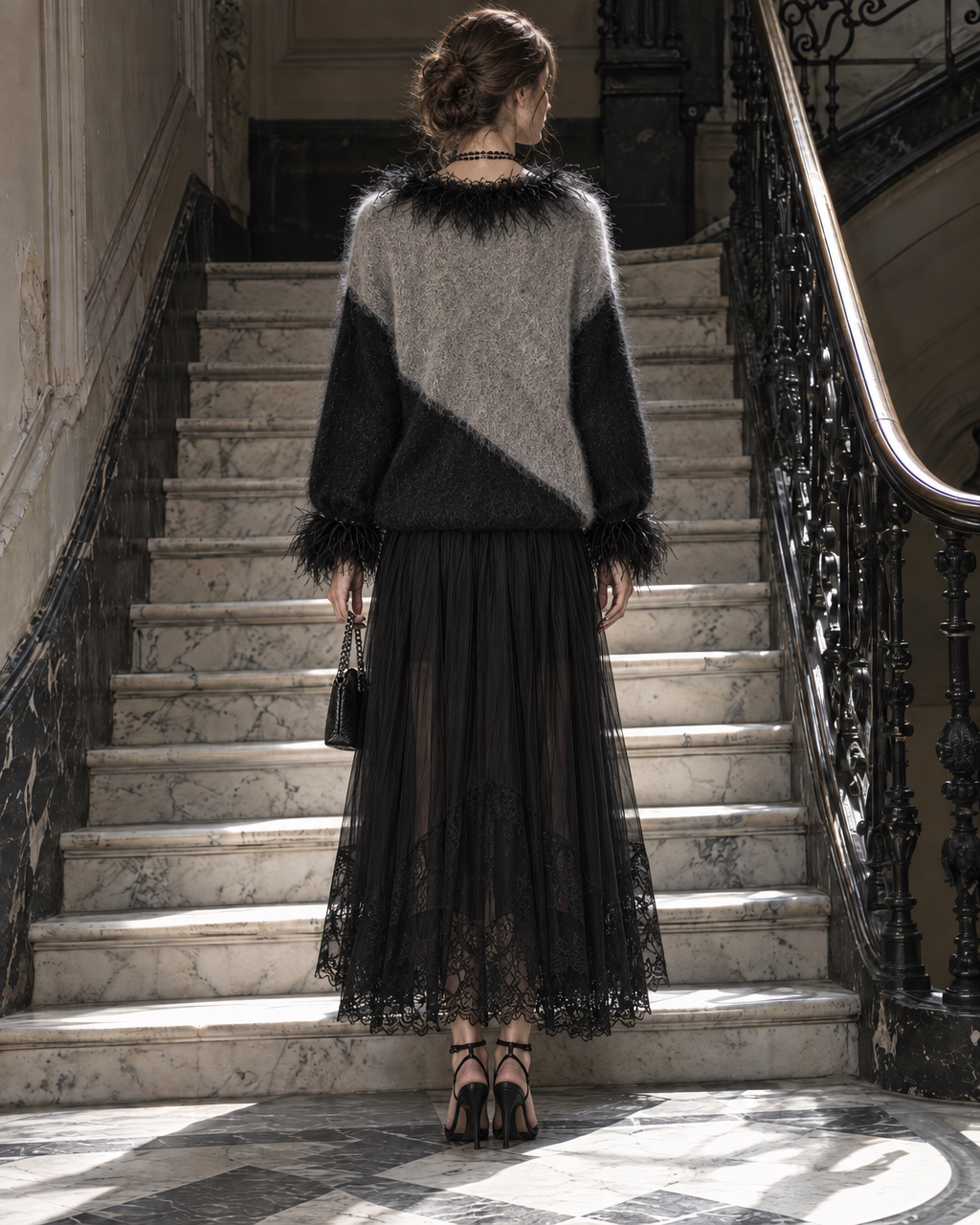 Elegant Grey And Black Colorblock Brushed-knit Feather-trim V-neck Sweater MVA003160AA
