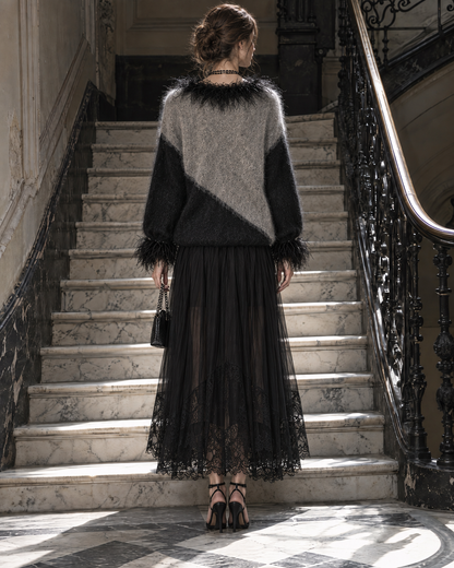 Elegant Grey And Black Colorblock Brushed-knit Feather-trim V-neck Sweater MVA003160AA