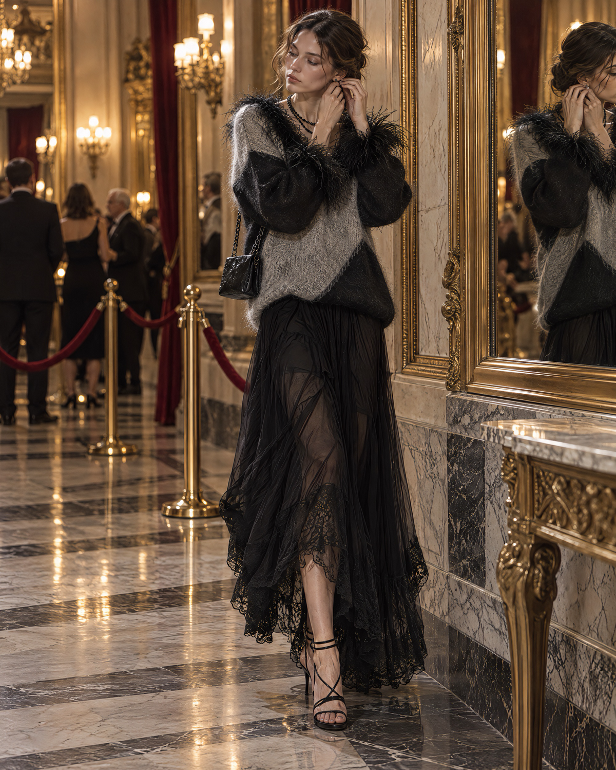 Elegant Grey And Black Colorblock Brushed-knit Feather-trim V-neck Sweater MVA003160AA