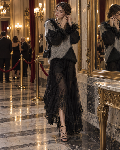 Elegant Grey And Black Colorblock Brushed-knit Feather-trim V-neck Sweater MVA003160AA