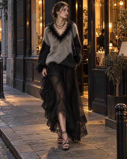 Elegant Grey And Black Colorblock Brushed-knit Feather-trim V-neck Sweater MVA003160AA